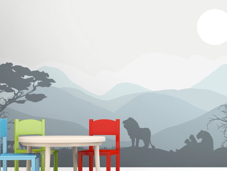 מדבקת טפט - נוף הרים ואריות כחול