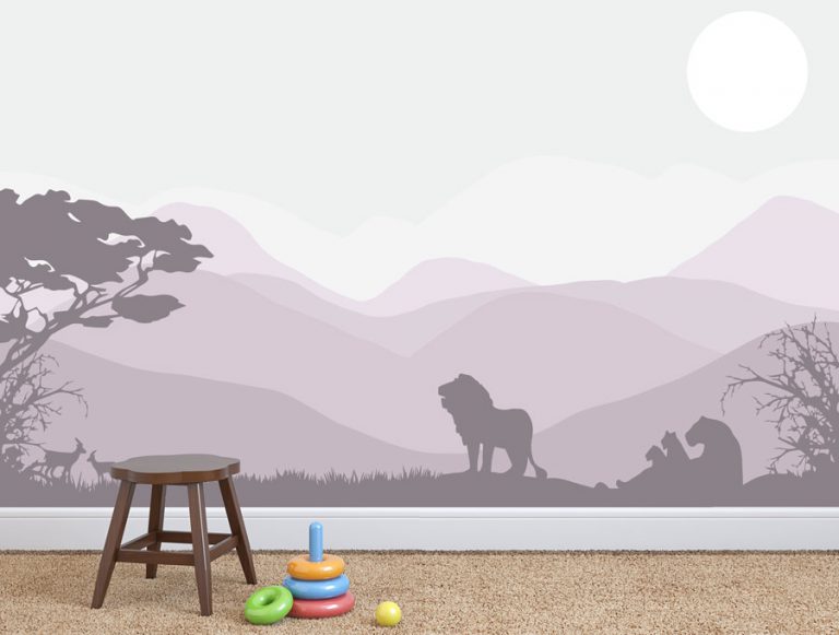 מדבקת טפט - נוף הרים ואריות ורוד