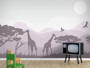 מדבקת טפט - נוף הרים וג'ירפות ורוד