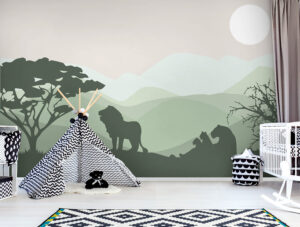 טפט - נוף הרים ואריות ירוק