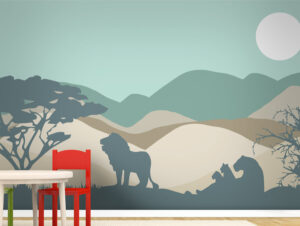 טפט - נוף הרים ואריות חום טורקיז