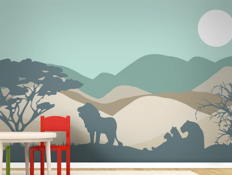 טפט - נוף הרים ואריות חום טורקיז