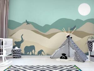 טפט - נוף הרים פילים וזברות חום טורקיז