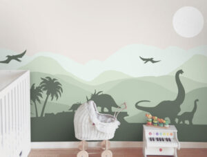 טפט - נוף הרים ודינוזאורים ירוק
