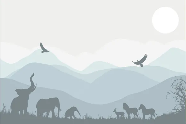 מדבקת טפט - נוף הרים פילים וזברות כחול