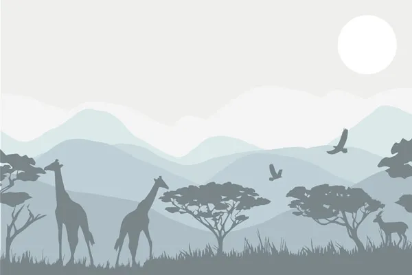 מדבקת טפט - נוף הרים וג'ירפות כחול