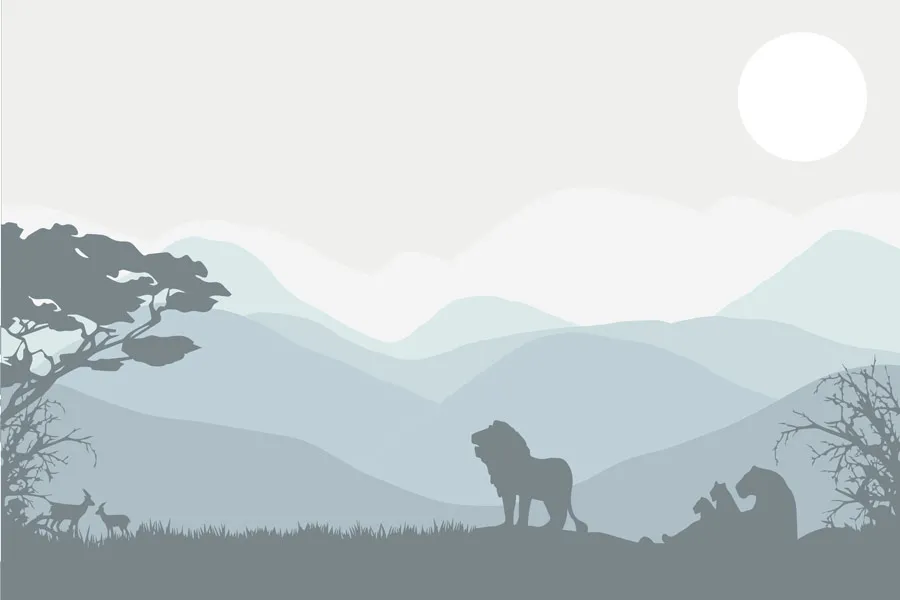 מדבקת טפט - נוף הרים ואריות כחול