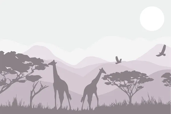 מדבקת טפט - נוף הרים וג'ירפות ורוד