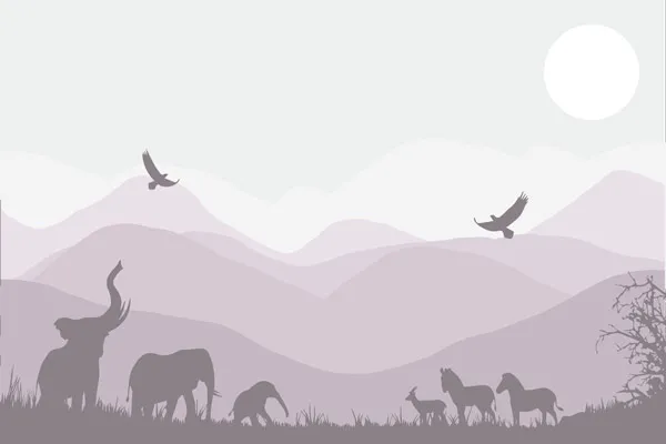 מדבקת טפט - נוף הרים פילים וזברות ורוד