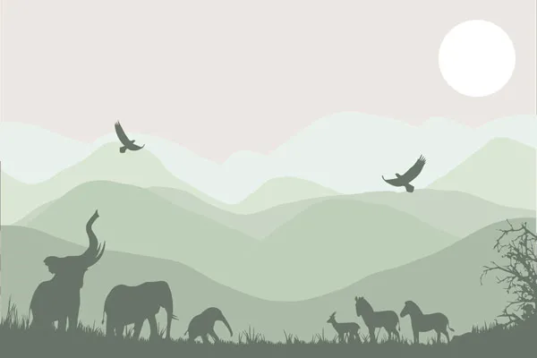 מדבקת טפט - נוף הרים פילים וזברות ירוק