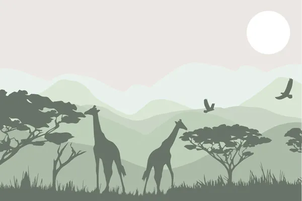 טפט - נוף הרים וג'ירפות ירוק