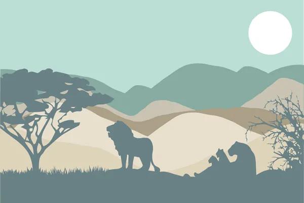 טפט - נוף הרים ואריות חום טורקיז