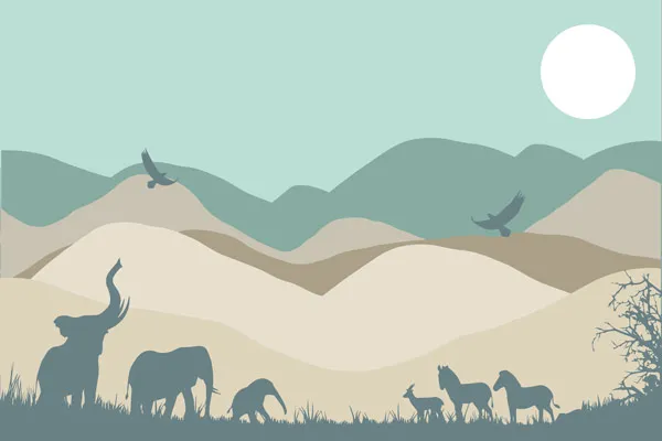 טפט - נוף הרים פילים וזברות חום טורקיז