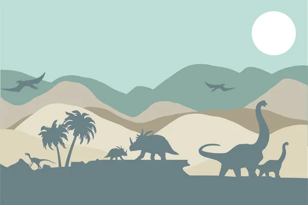 טפט - נוף הרים ודינוזאורים חום טורקיז