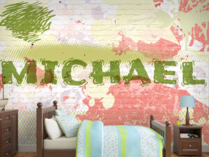 טפט - קיר בריקים עם גרפיטי ושם לבחירה - ירוק אדום