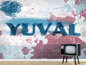 טפט - קיר בריקים עם גרפיטי ושם לבחירה - אדום כחול