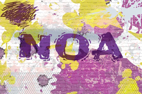 טפט - קיר בריקים עם גרפיטי ושם לבחירה - סגול צהוב