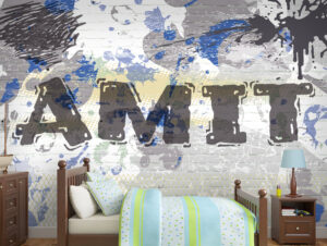 טפט – קיר בריקים עם גרפיטי ושם לבחירה – כחול וצהוב