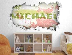 מדבקת קיר – שם פרטי בחור תלת מימדי בירוק ואדום