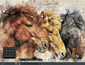 טפט | גרפיטי סוסי פרא משתוללים על קיר בריקים