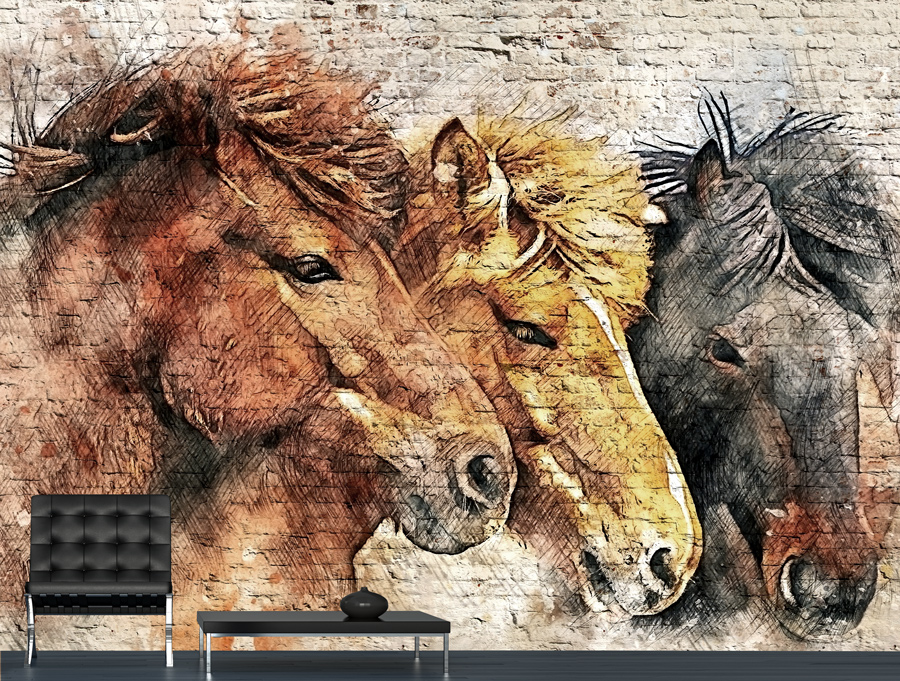 טפט | גרפיטי סוסי פרא משתוללים על קיר בריקים
