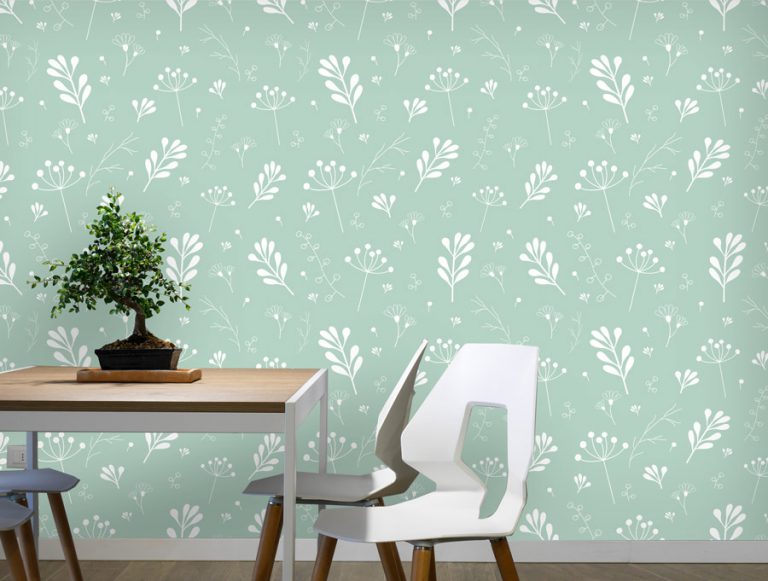 טפט | עלים פורחים לבנים על רקע ירקרק