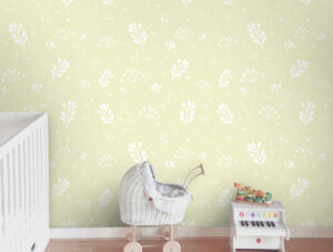 טפט | עלים פורחים לבנים על רקע צהוב