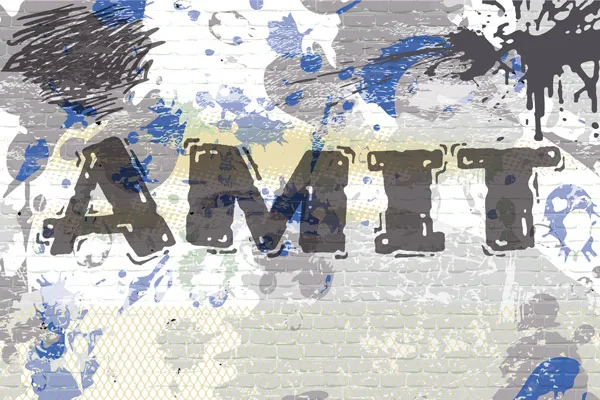 טפט – קיר בריקים עם גרפיטי ושם לבחירה – כחול וצהוב