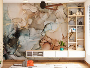 טפט | צורות שיש אבסטרקטי בכתום ותכלת מיושן