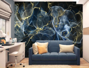 טפט | צורות עשן שיש אבסטרקטי בשחור כחלחל וזהב