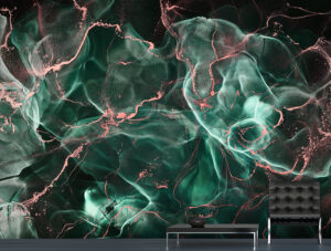 טפט | צורות עשן שיש אבסטרקטי בשחור ירקרק וכתום