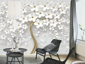 מדבקת טפט | עץ מוזהב עם פרחים לבנים