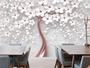 מדבקת טפט | פרחים לבנים על עץ זהב ורוד
