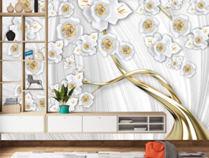 מדבקת טפט | עץ זהב ורדים לבנים