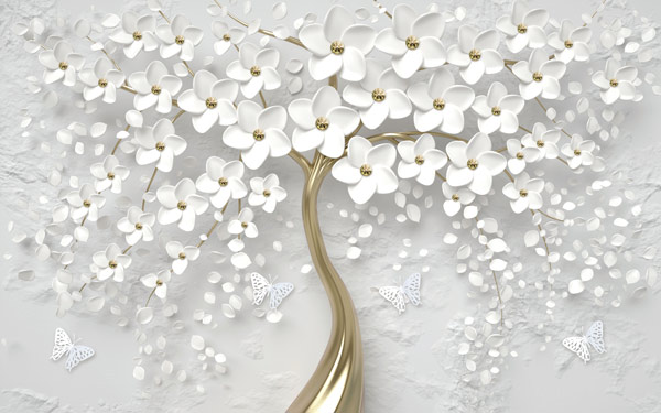 מדבקת טפט | עץ מוזהב עם פרחים לבנים