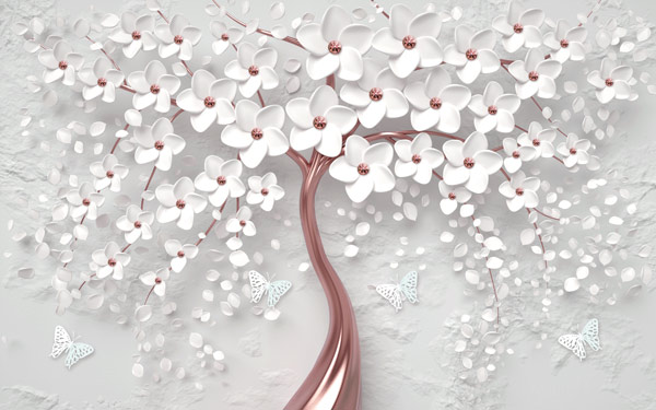 מדבקת טפט | פרחים לבנים על עץ זהב ורוד