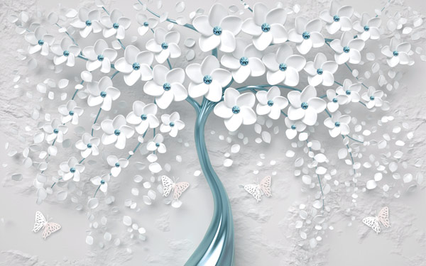 מדבקת טפט | פרחים לבנים על עץ כחול