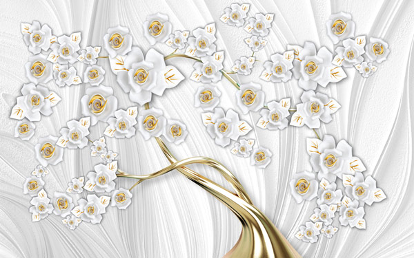 מדבקת טפט | עץ זהב ורדים לבנים