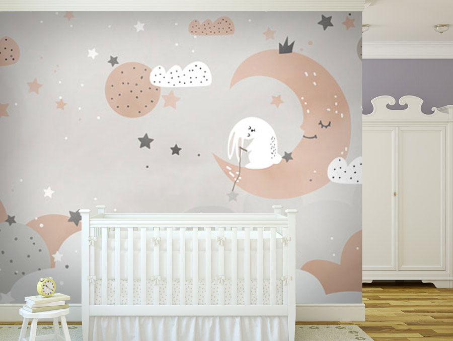 מדבקת טפט | ארנב על ירח כתום