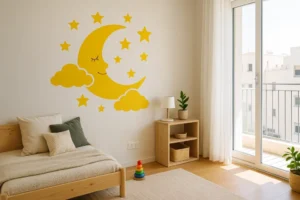 תנו לחלל של ילדכם לזרוח עם מדבקת קיר ייחודית של ירח וכוכבים, זמינה במגוון צבעים וגדלים לבחירה.