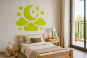 הפכו את חדר הילדים שלכם לממלכת חלומות עם מדבקת קיר של ירח וכוכבים. בחרו את הצבע והגודל המושלם ליצירת האווירה המיוחדת.