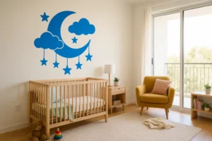הפוך את חדר התינוקות לחלומי עם מדבקת ירח וכוכבים זו. בחר את הצבע והמידה המתאימה לך.