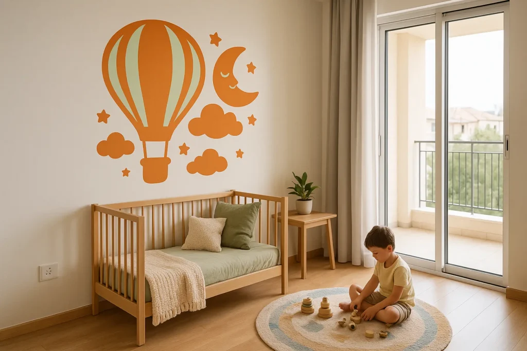 מדבקת קיר כדור פורח עם עננים וירח לחדר ילדים