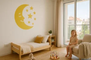 הפוך את חדר התינוק לגן עדן קסום עם מדבקת ירח וכוכבים, זמינה בכל צבע וגודל לפי בחירתך.