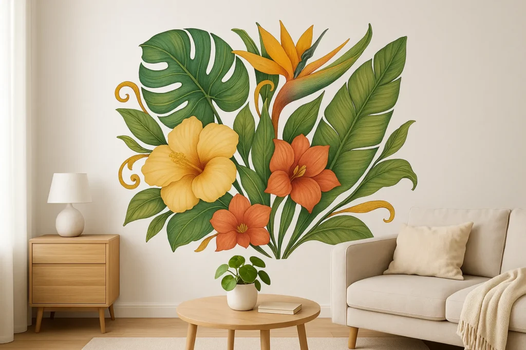 הוסיפו נגיעה טרופית לחדרכם עם מדבקת קיר פרחונית עוצרת נשימה בקלות. זמינה בצבעים וגדלים שונים לבחירתכם באתר.