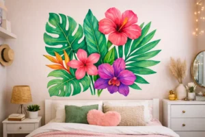 הפוך את הסלון שלך לנווה מדבר טרופי עם מדבקת קיר מעוצבת בצבעים מושכים. קל להדבקה ושדרוג מיידי למרחב.