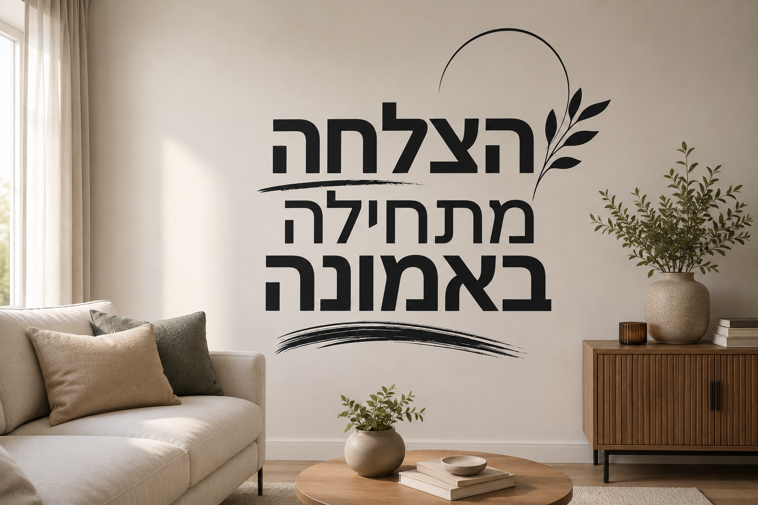 מדבקה עם ציטוט בעברית על קיר בחדר עבודה עם שולחן עץ וכיסא לבן