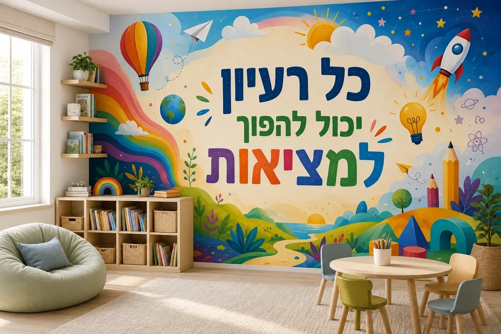 טפט עם כדור פורח ומטוס נייר על קיר בחדר ילדים עם רהיטים בצבעים רכים