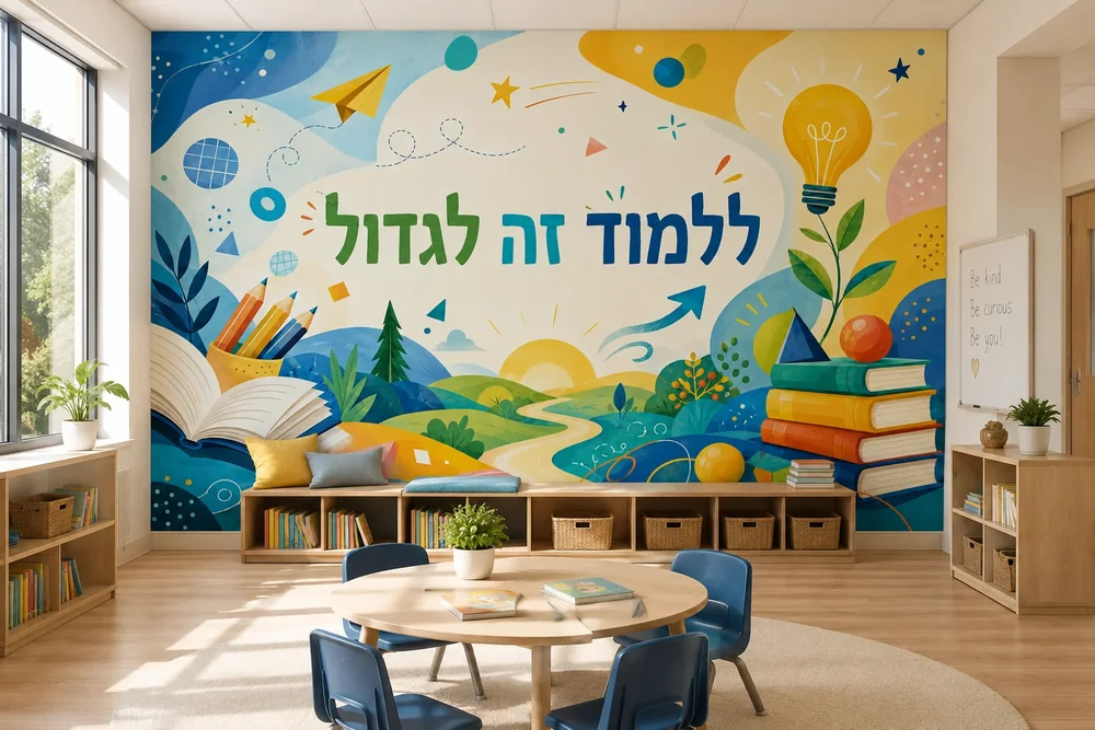 טפט עם ספר פתוח, ערימת ספרים, עפרונות וצמח נורה בצבעים כחול, צהוב וירוק