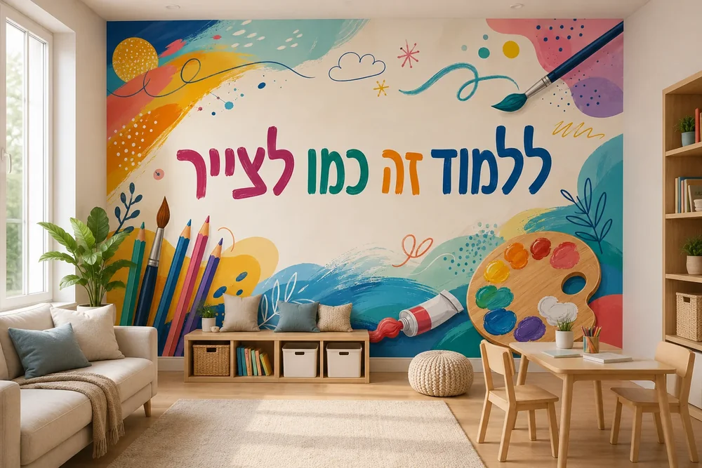 עפרונות צבעוניים, מכחול, פלטת צבעים וטקסט עברי בצבעים כחול, צהוב, ורוד וירוק